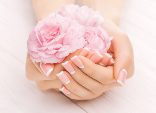 french manicure with pink tea rose flowers